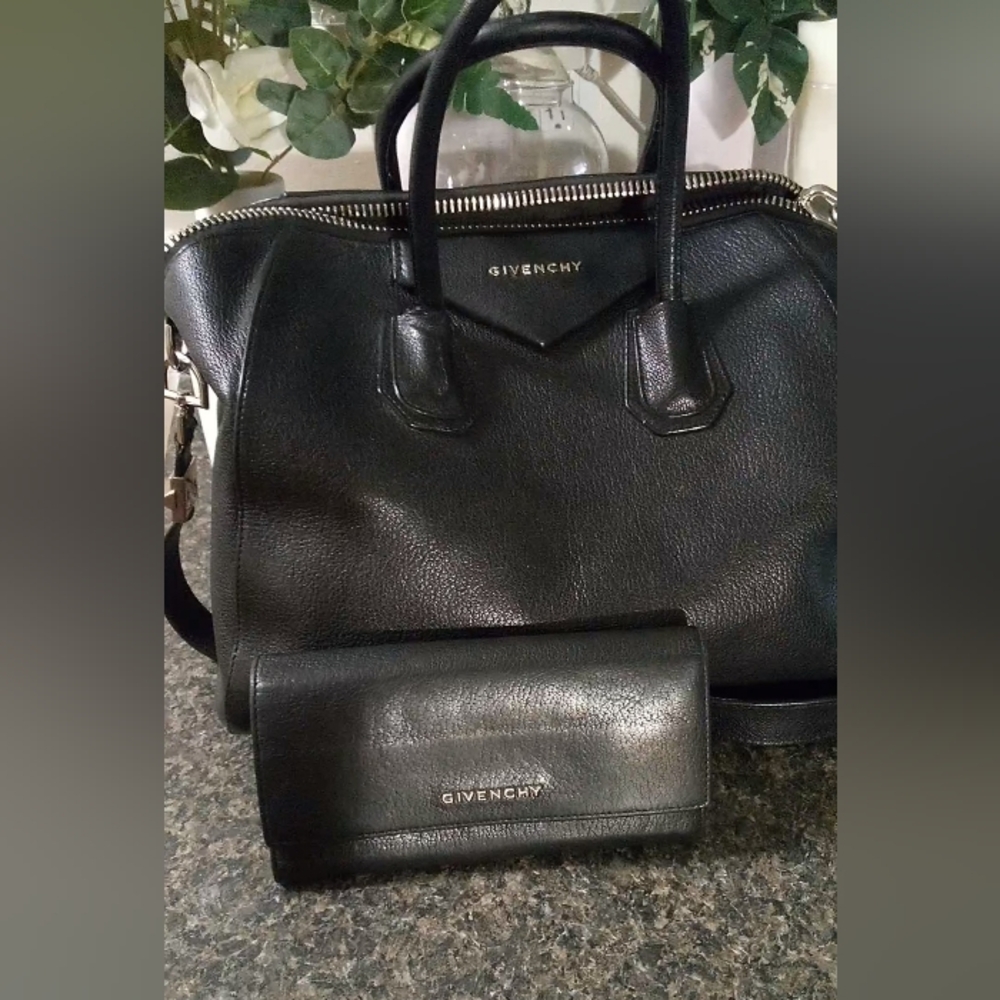 GIVENCHY - Authentic Black Leather Bag and Wallet Set